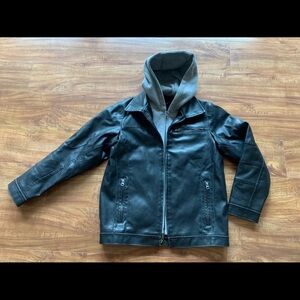 BLACK Rivet Big Boy Kids Sz XL Black Leather Zip-Out Hooded Bib Over Coat Jacket